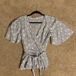 Striped wrap top with flutter sleeves